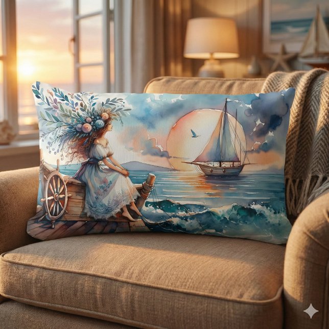 Almofada Lombar Murmurios do Mar ao Pôr do Sol (Whispers of the Sea at Sunset Lumbar Pillow Mockup A)