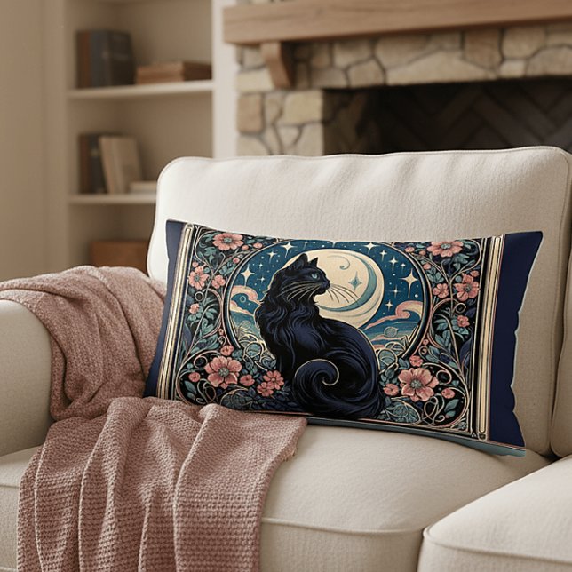 Almofada Lombar Mystical Black Art Nouveau (Mystical Black Cat Art Nouveau Lumbar Pillow)