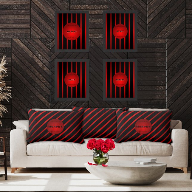 Almofada Lombar Na moda Diagonal Black Red Strips Nome do Monogram (Vivid and modern, black and crimson diagonally striped personalized 13x21" lumbar pillows)