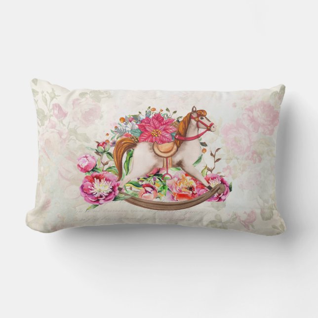 Almofada Lombar Natal Vitoriano do Cavalo Rocking e Poinsettia (Frente)