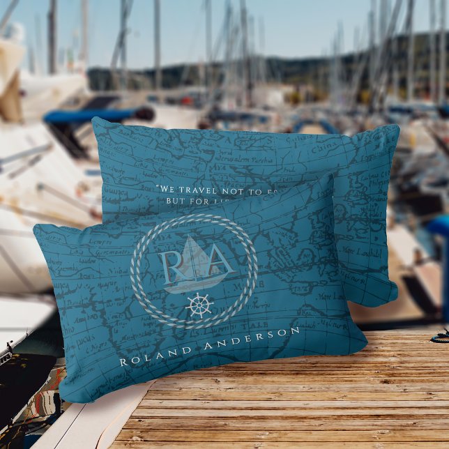 Almofada Lombar Nautical Rope Monogram Map Blue (Nautical Map Monogram Traveller Blue Accent Pillow.)