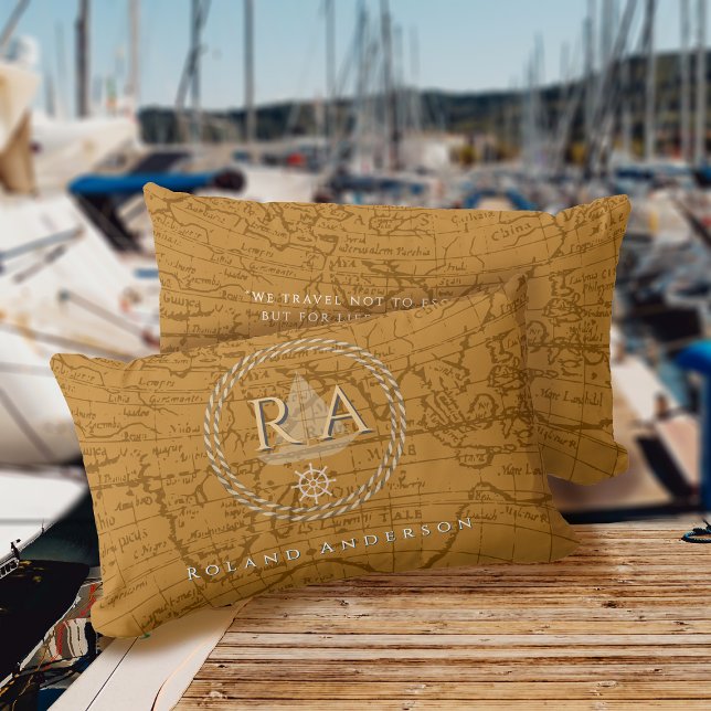 Almofada Lombar Nautical Rope Monogram Map Brown (Nautical Map Monogram Traveller Brown Accent Pillow.)
