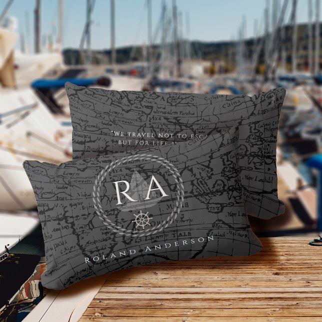 Almofada Lombar Nautical Rope Monogram Map Grey (Nautical Map Traveller Monogram Dark Grey Accent Pillow .)