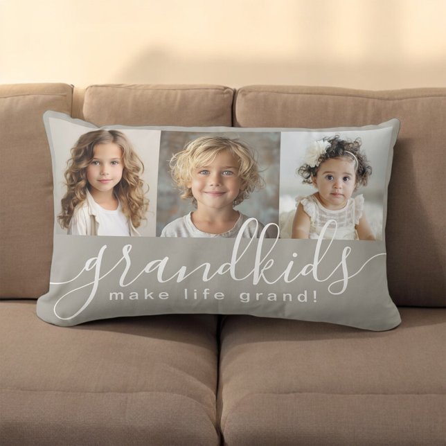Almofada Lombar Netos tornam a vida grande 3 colagem de fotos (A great gift idea for Grandparents. Personalize with 3 photos.)