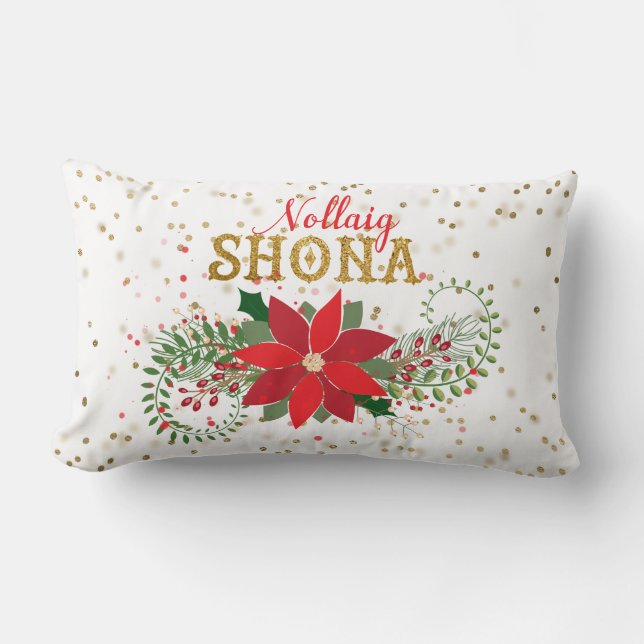 Almofada Lombar Nollaig Shona Dourada Glitter Poinsettia Natal (Frente)