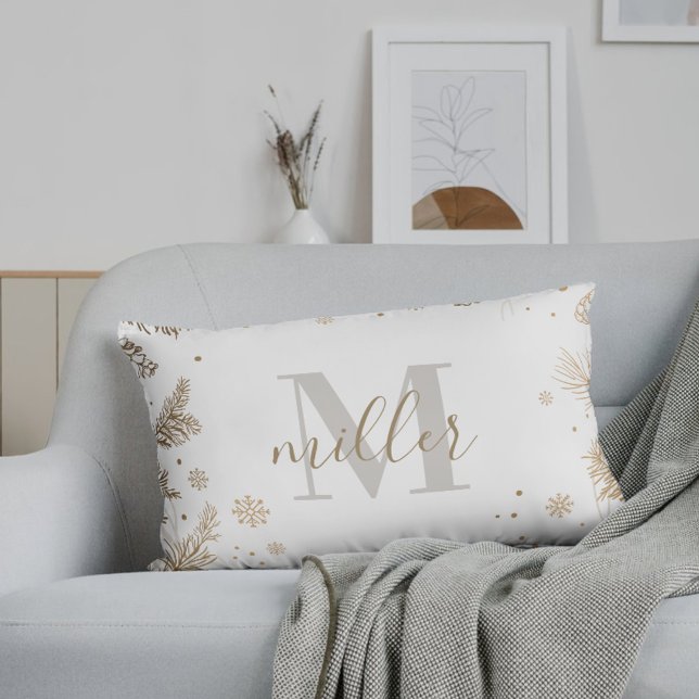 Almofada Lombar Nome da família de pinos ouros Monograma Natal (Criador carregado)