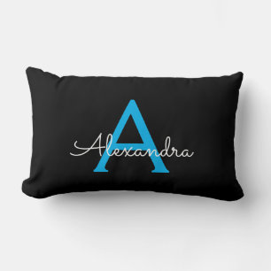 Almofada Lombar Nome do Monograma Girly de Script Preto Azul