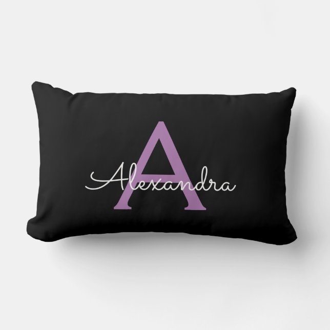 Almofada Lombar Nome do Monograma Girly de Script Preto Roxo (Frente)