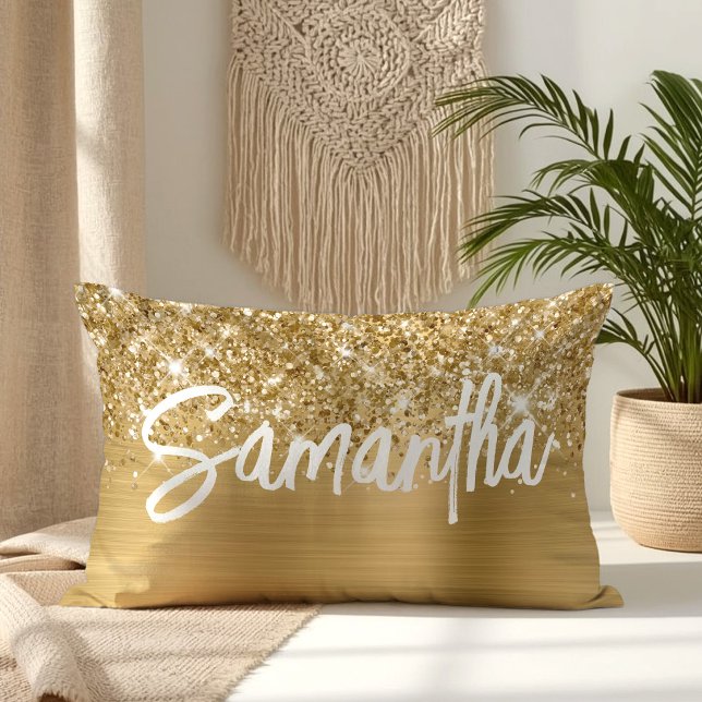 Almofada Lombar Nome do Script da Escova Glam Glittery Gold (Glittery Gold Glam Brush Script Name Lumbar Pillow)