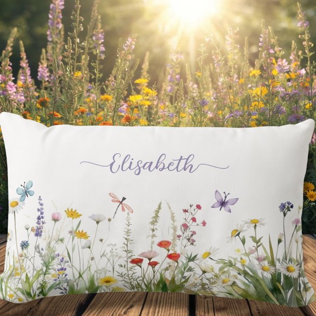 Almofada Lombar Nome do Script Lilac Roxo de Flores Selvagens (Wildflowers Purple Lilac Script Name Lumbar Pillow)
