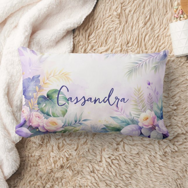 Almofada Lombar Nome Personalizado Flores Tropicais  (Cobertor)