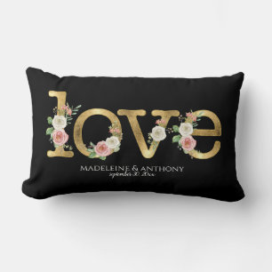Almofada Lombar Nomes Preto Dourado Floral Aquarela Casamento Amor