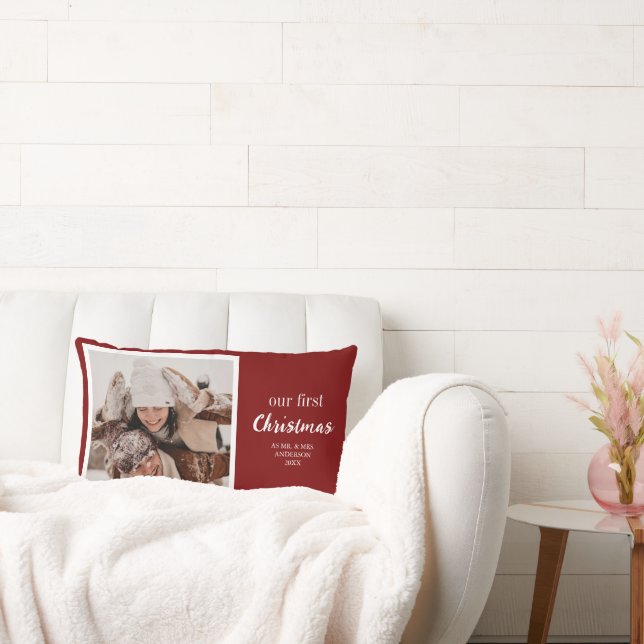 Almofada Lombar Nosso Primeiro Natal Recém-Casados Foto Script Ver (Sofá)