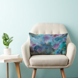 Almofada Lombar Oceano Azul Roxo, Dourado, Abstrato de Aquarela