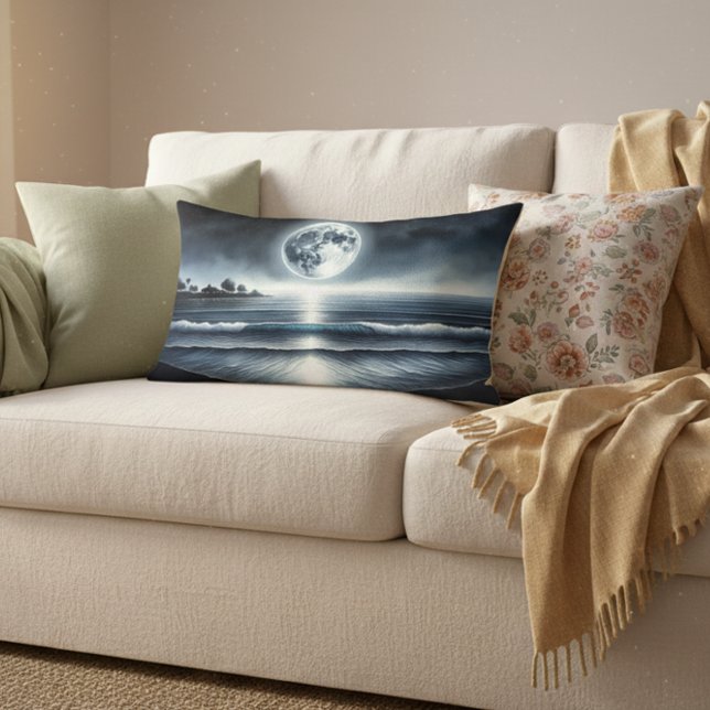 Almofada Lombar Oceano Lua Ondas Celestiais Céu Noturno Celestial (Moonlit Ocean Waves Lumbar Pillow)
