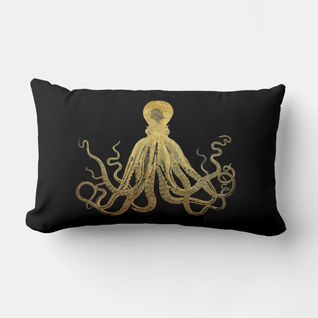 Almofada Lombar Octopus Dourado de Tinta Preta  Costeira Náutica (Frente)