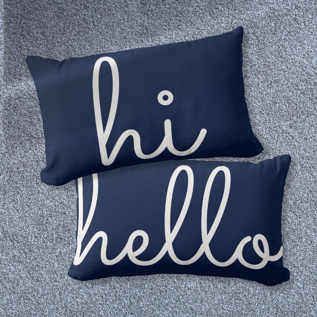 Almofada Lombar Olá Estiloso Script Divertido Azul Marinho (Hi Hello Stylish Script Fun Navy Blue Lumbar Pillow)