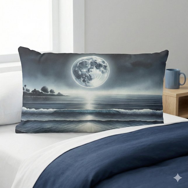Almofada Lombar Ondas do Oceano ao Luar Céu Noturno Celestial (Moonlit Ocean Waves Celestial Night Sky Lumbar Pillow Mockup A)