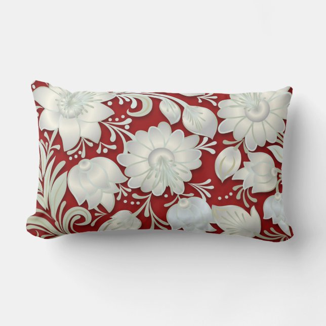 Almofada Lombar Ornamento Floral Branco abstrato em Fundo Vermelho (Frente)
