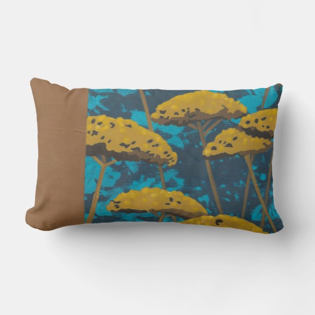 Almofada Lombar Ouro Yseta Garden com fundo azul (Frente)