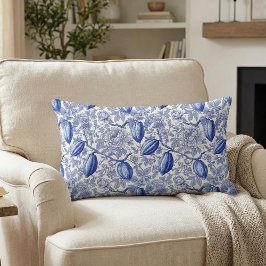 Almofada Lombar Padrão Botânico de Toile Azul Única Chic Cacau