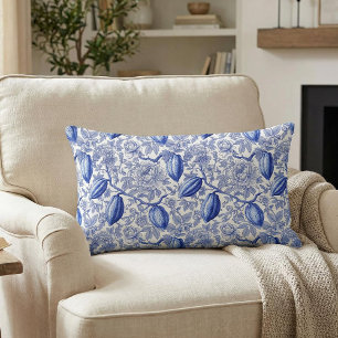 Almofada Lombar Padrão Botânico de Toile Azul Única Chic Cacau