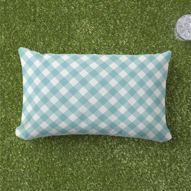 Almofada Lombar Padrão Clássico de Xadrez de Gingham Azul Aqua (Grama)