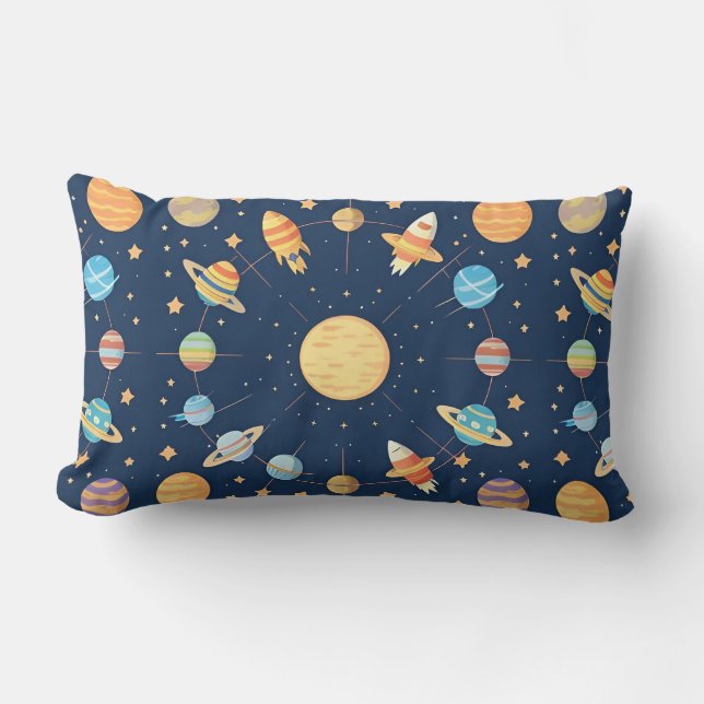 Almofada Lombar Padrão Colorido de Temas Espaciais com Planetas (Frente)