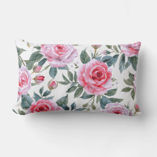 Almofada Lombar Padrão de aquarela Cottagecore floral rosa-pink