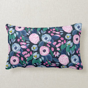 Almofada Lombar Padrão de Aquarela do Buquê Floral Azul, Marinho R