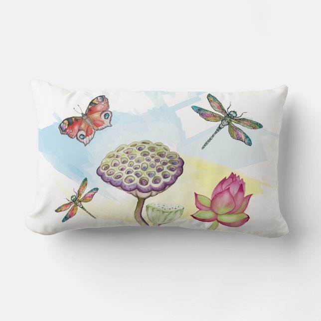Almofada Lombar Padrão de aquarelas das libélulas e borboletas (Frente)