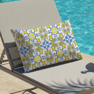Almofada Lombar Padrão de Azulejos Portugueses Amarelo Branco Azul