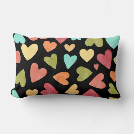Almofada Lombar Padrão de Corações de Cor-de-Água Negra, Rosa, Azu