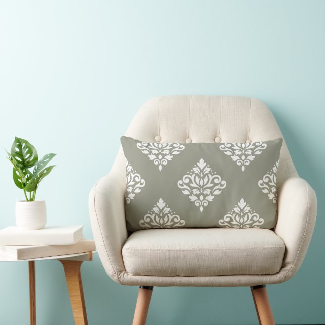 Almofada Lombar Padrão de Damasco de Folhas (B) Branco no Verde (Cadeira)