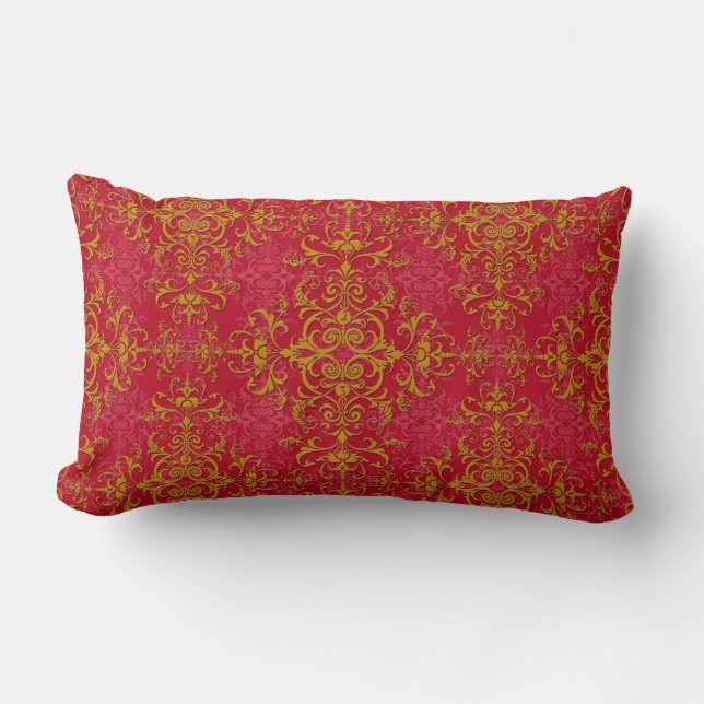 Almofada Lombar Padrão de estilo damasco elegante rosa profundo e  (Frente)
