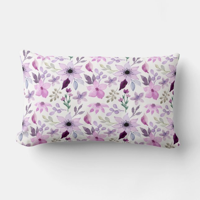 Almofada Lombar Padrão de Flor Rosa e Roxa Elegante (Frente)