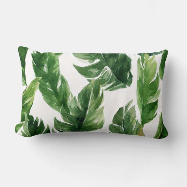 Almofada Lombar Padrão de Folhas Tropicais Verde de Aquarela (Frente)