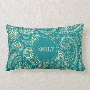 Almofada Lombar Padrão de Paisley Verde Azul Monograma