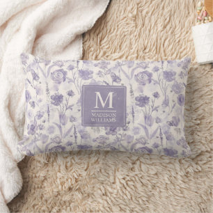 Almofada Lombar Padrão Floral de Flores de Aguarela Roxo Lavanda