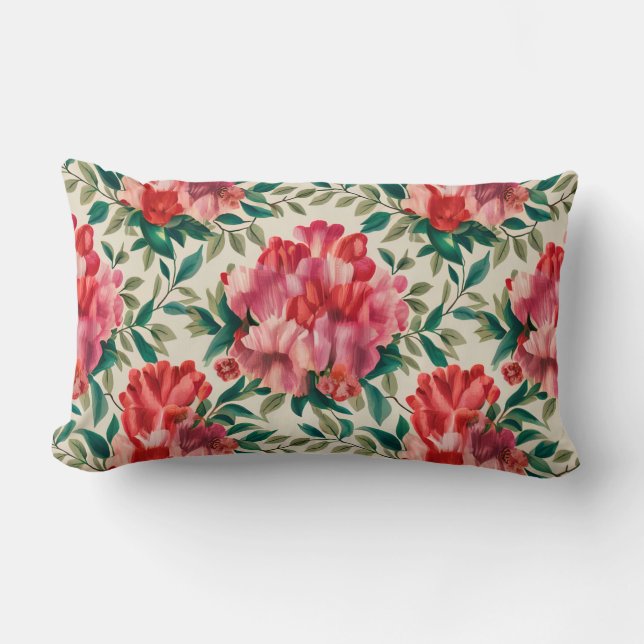 Almofada Lombar Padrão Floral Elegante com Flores Vermelhas e Rosa (Frente)