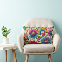 Almofada Lombar Padrão Floral Hippie Arco-Íris Retrô