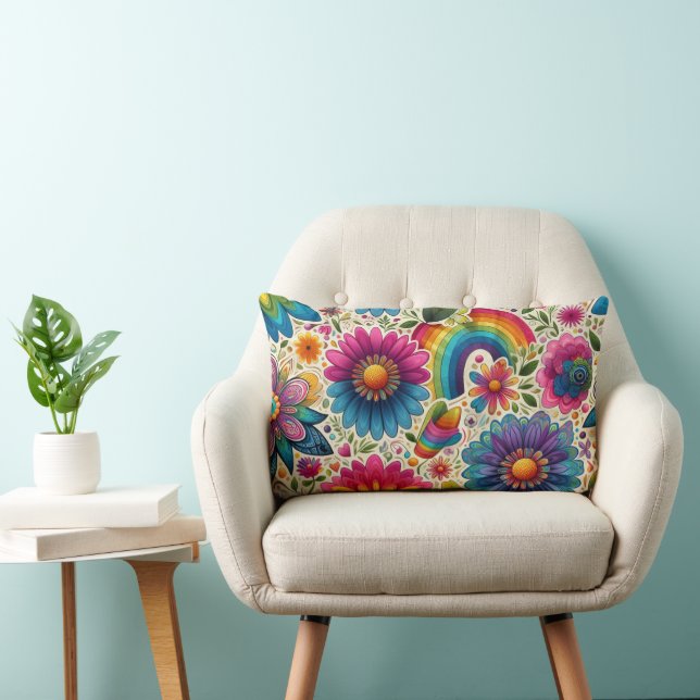 Almofada Lombar Padrão Floral Hippie Arco-Íris Retrô (Cadeira)