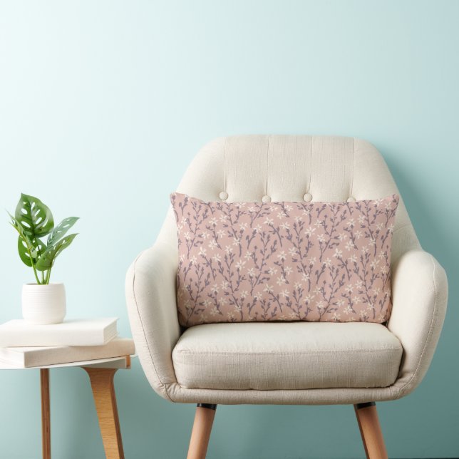 Almofada Lombar Padrão floral retrô em estilo boho. Sakura rosa. (Cadeira)