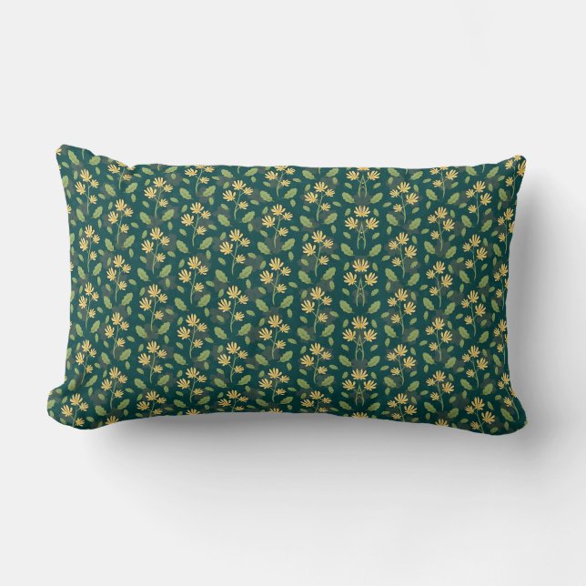 Almofada Lombar Padrão Verde Vibrante com Flores e Folhas Amarelas (Frente)