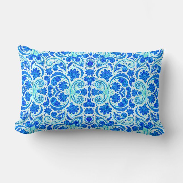 Almofada Lombar Padrões de aqua paisley, azuis, (Frente)