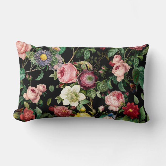 Almofada Lombar Padrões de rosa cor-de-rosa e vermelho (Frente)