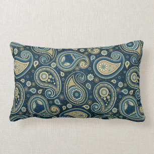 Almofada Lombar Paisley, padrão, dourado azul-lacrimogênio elegant