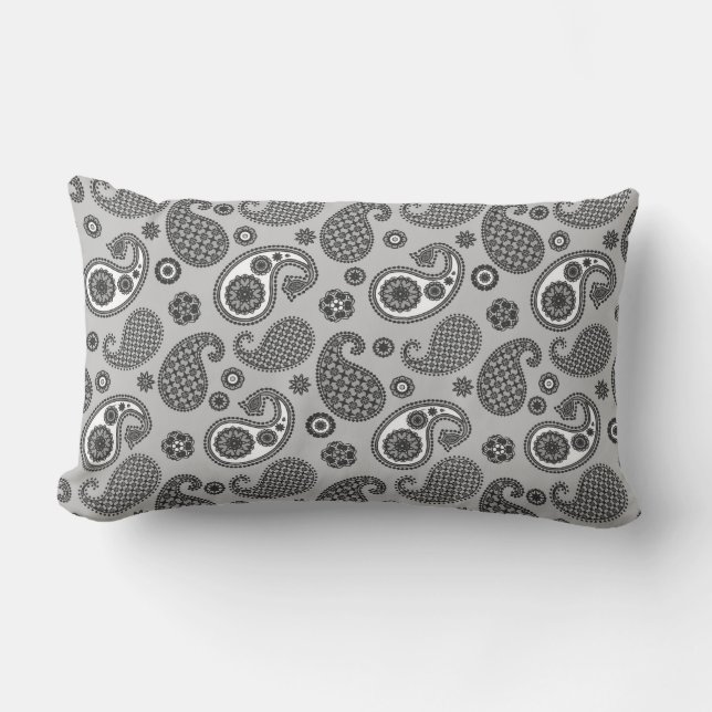 Almofada Lombar Paisley Pattern, Cinza, Preto e Branco (Frente)