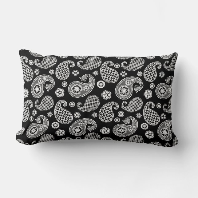 Almofada Lombar Paisley Pattern, Preto e Branco (Frente)
