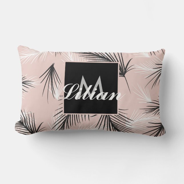 Almofada Lombar Palmas Preto Branco Tom Terroso Rosa Monogramada (Frente)